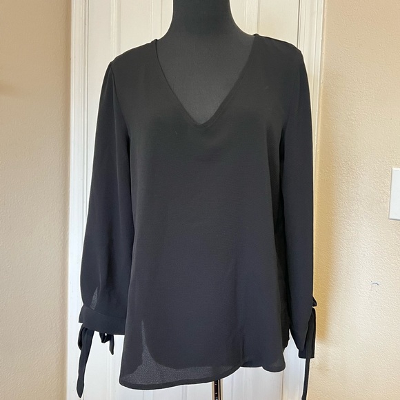 CeCe Black V-Neck Blouse with Tie Sleeves - Picture 1 of 5